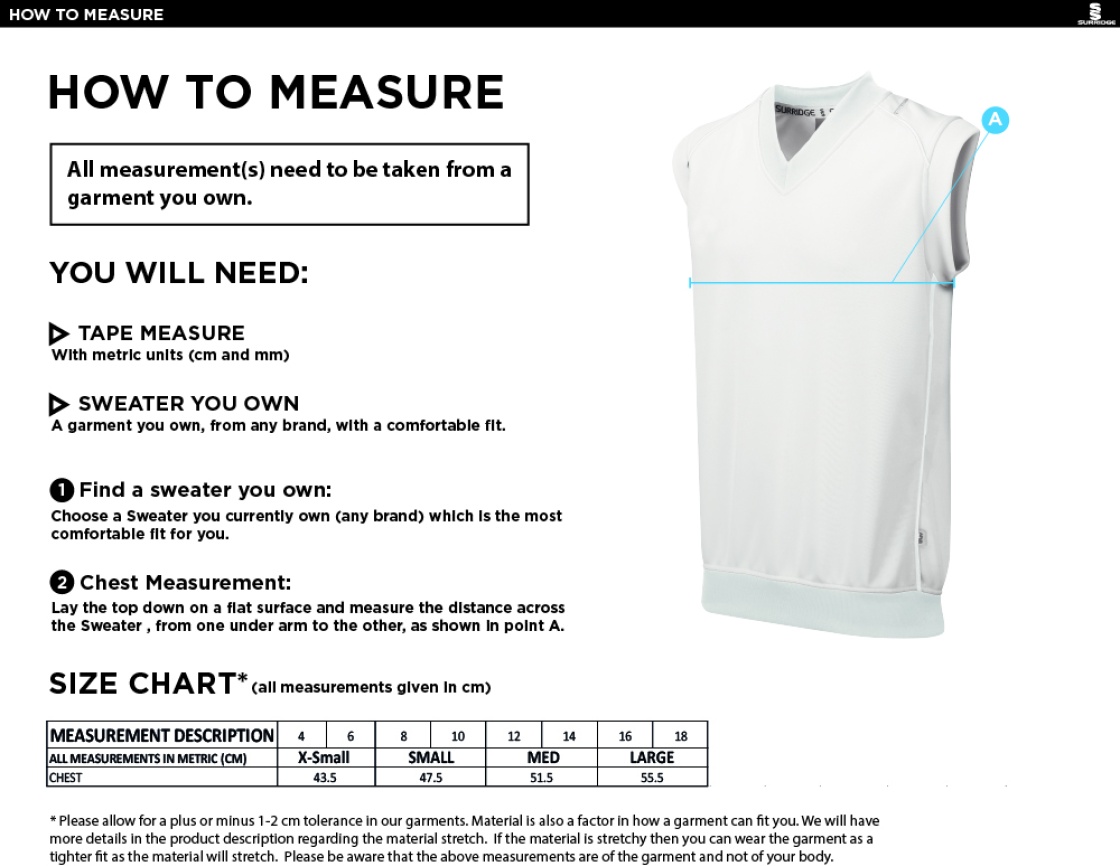 Chardstock Cricket Club Blast Sleeveless Women's Cricket Sweater - Size Guide