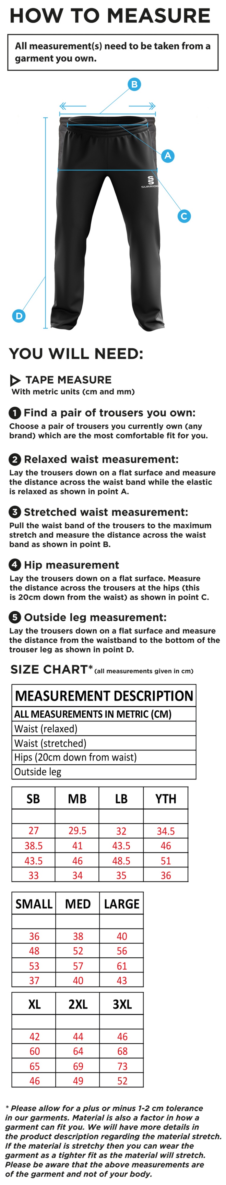 Chardstock Cricket Club Ripstop Track Pant Navy - Size Guide