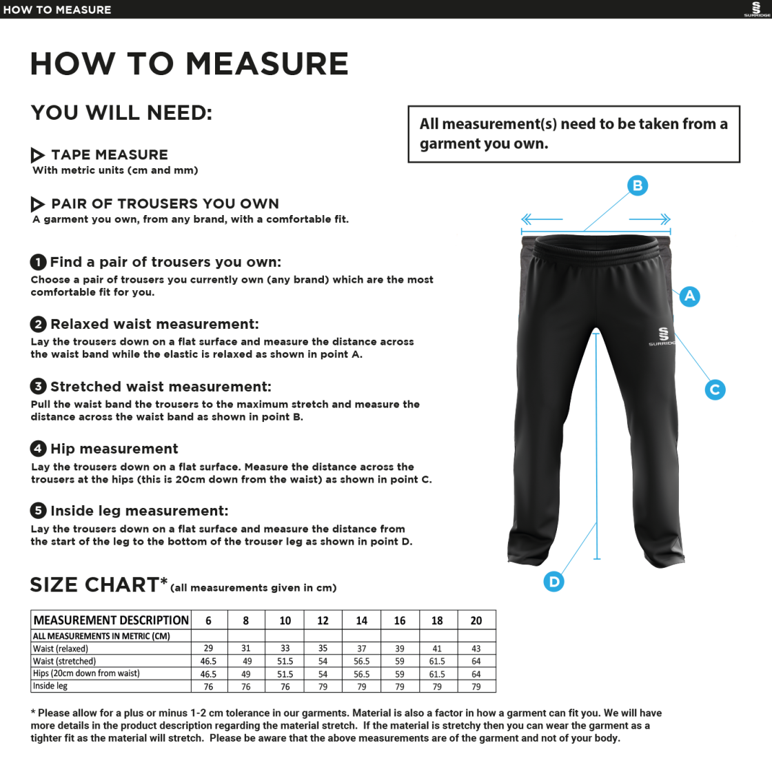 Chardstock Cricket Club Women's Poplin Track Pant Navy - Size Guide