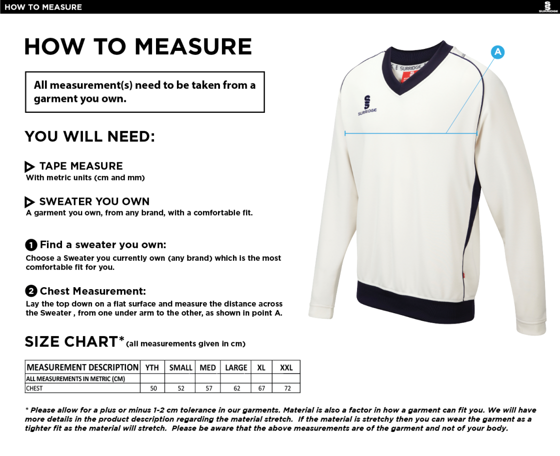 Chardstock Cricket Club Long Sleeve Sweater Navy Trim - Size Guide