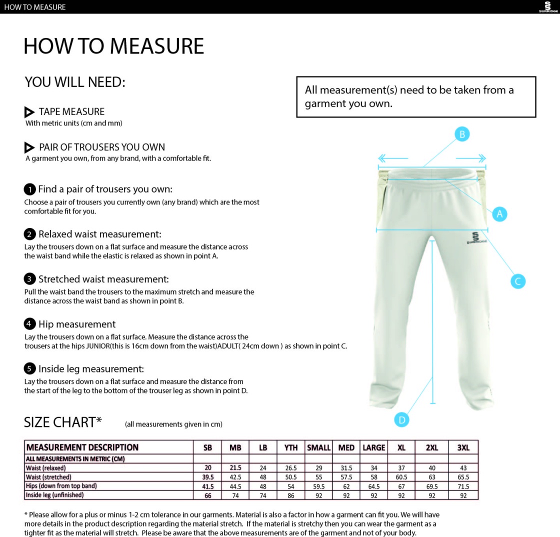 Chardstock Cricket Club Standard Playing Pant - Size Guide