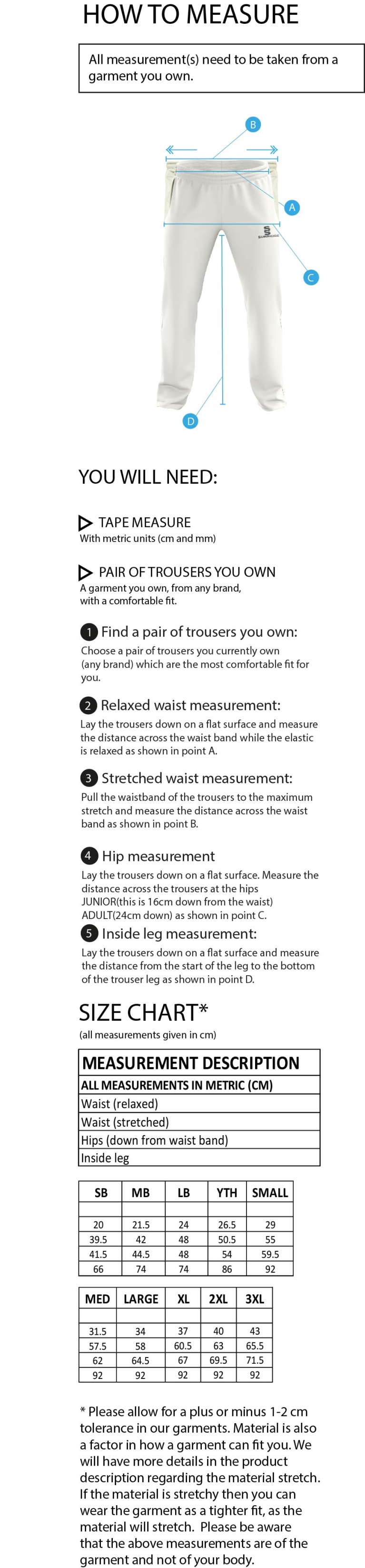 Chardstock Cricket Club Standard Playing Pant - Size Guide