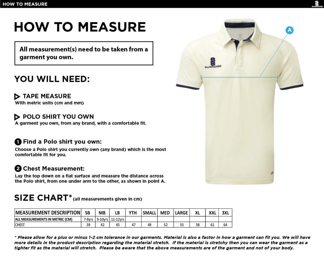 Chardstock Cricket Club Ergo Short Sleeve Navy Trim Shirt - Size Guide
