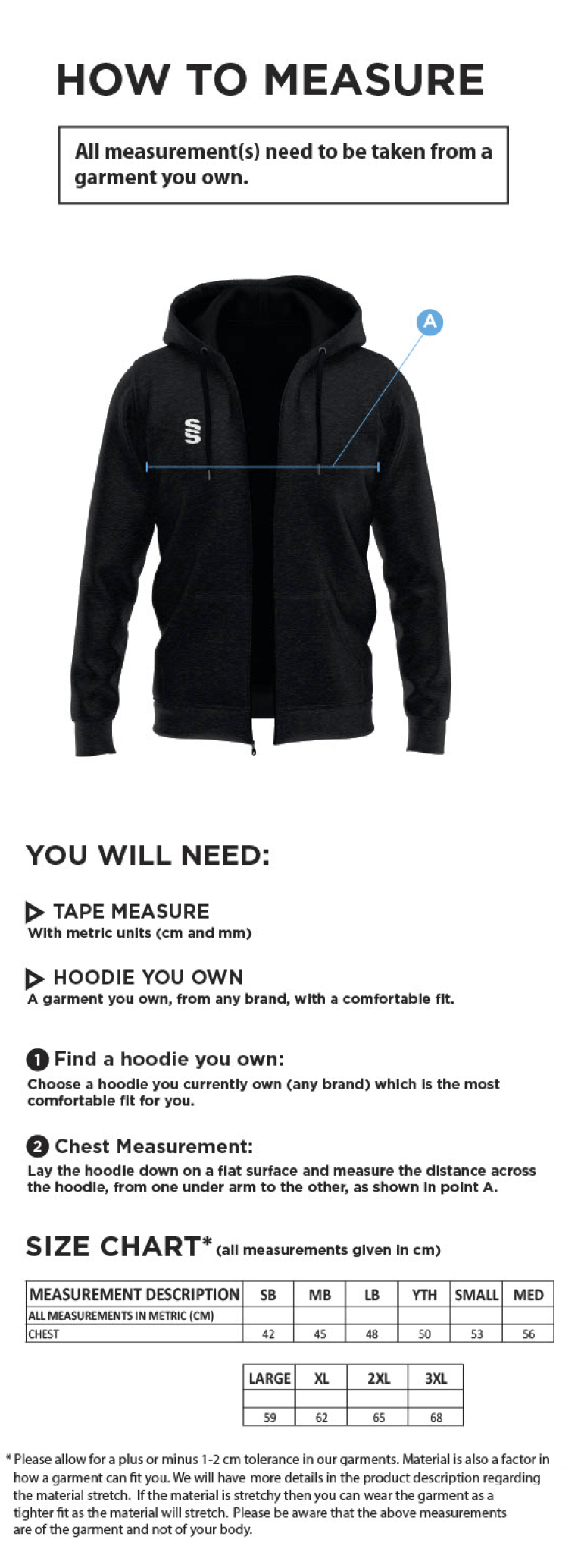 Chardstock Cricket Club Dual Hoody - Size Guide