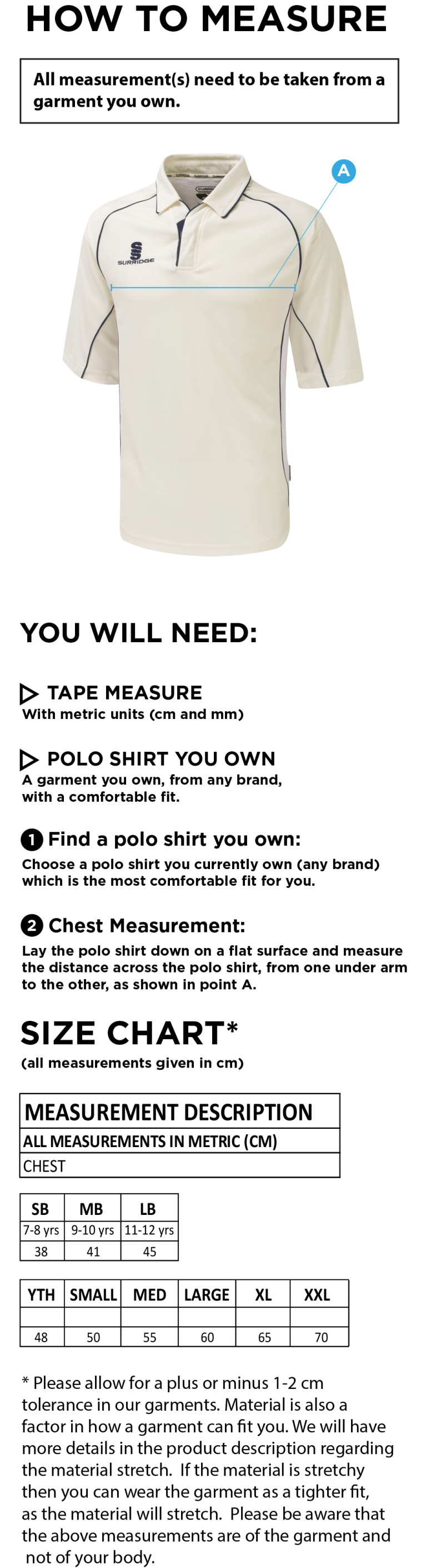 Chardstock Cricket Club Premier 3/4 Sleeve Navy Trim Shirt - Size Guide