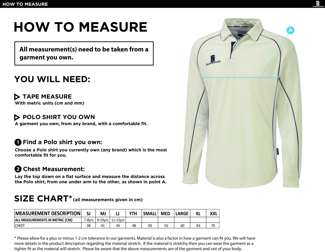 Chardstock Cricket Club Premier Long Sleeve Navy Trim Shirt - Size Guide