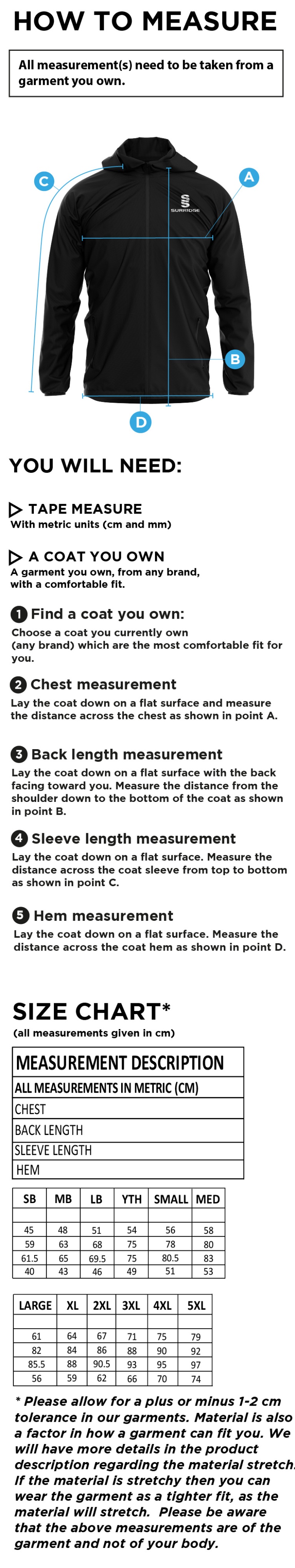 Chardstock Cricket Club Training Jacket Navy - Size Guide