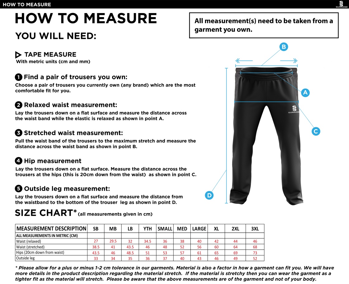 Chardstock Cricket Club Ripstop Track Pant Navy - Size Guide