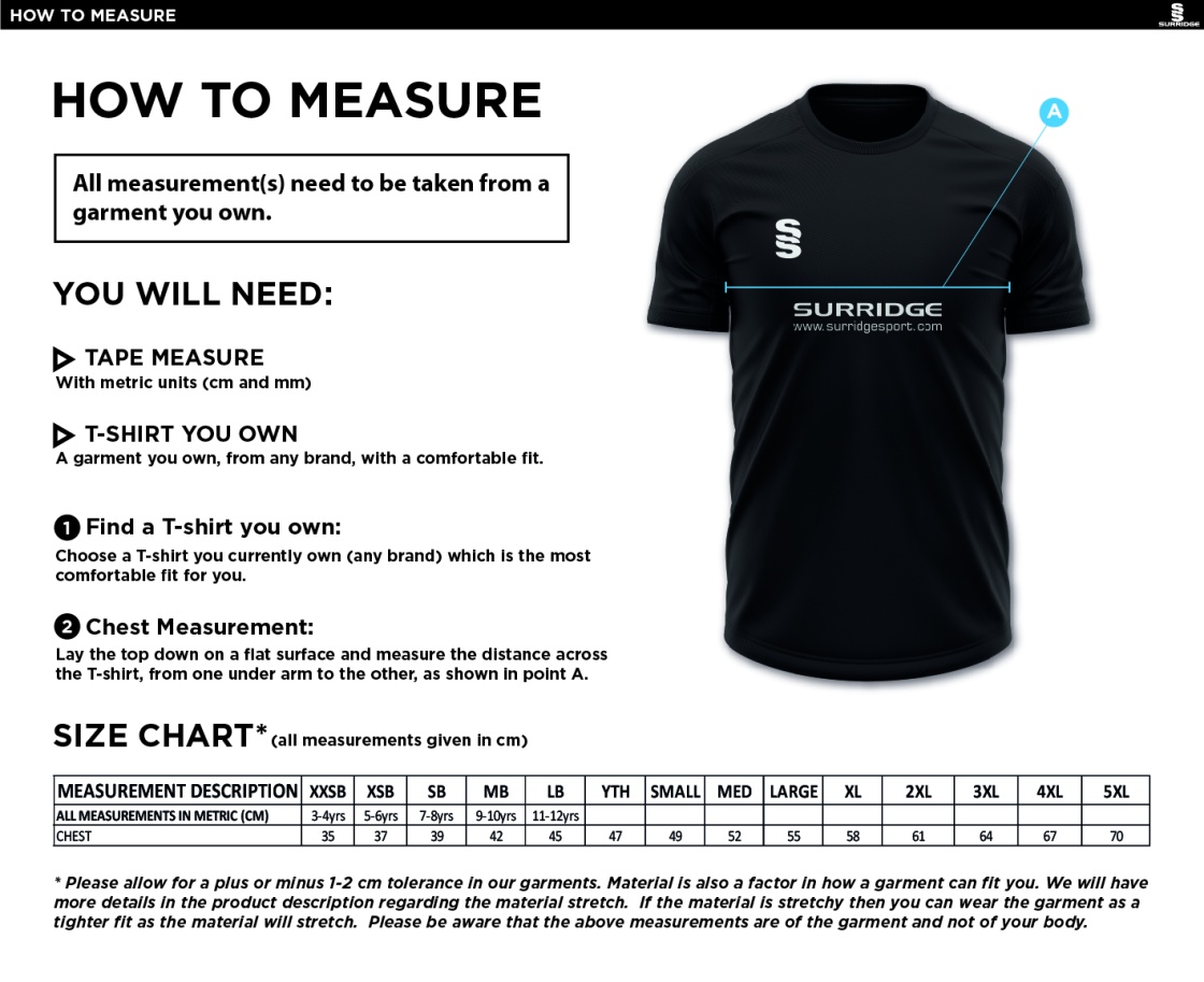 Chardstock Cricket Club Dual Polo Shirt - Size Guide