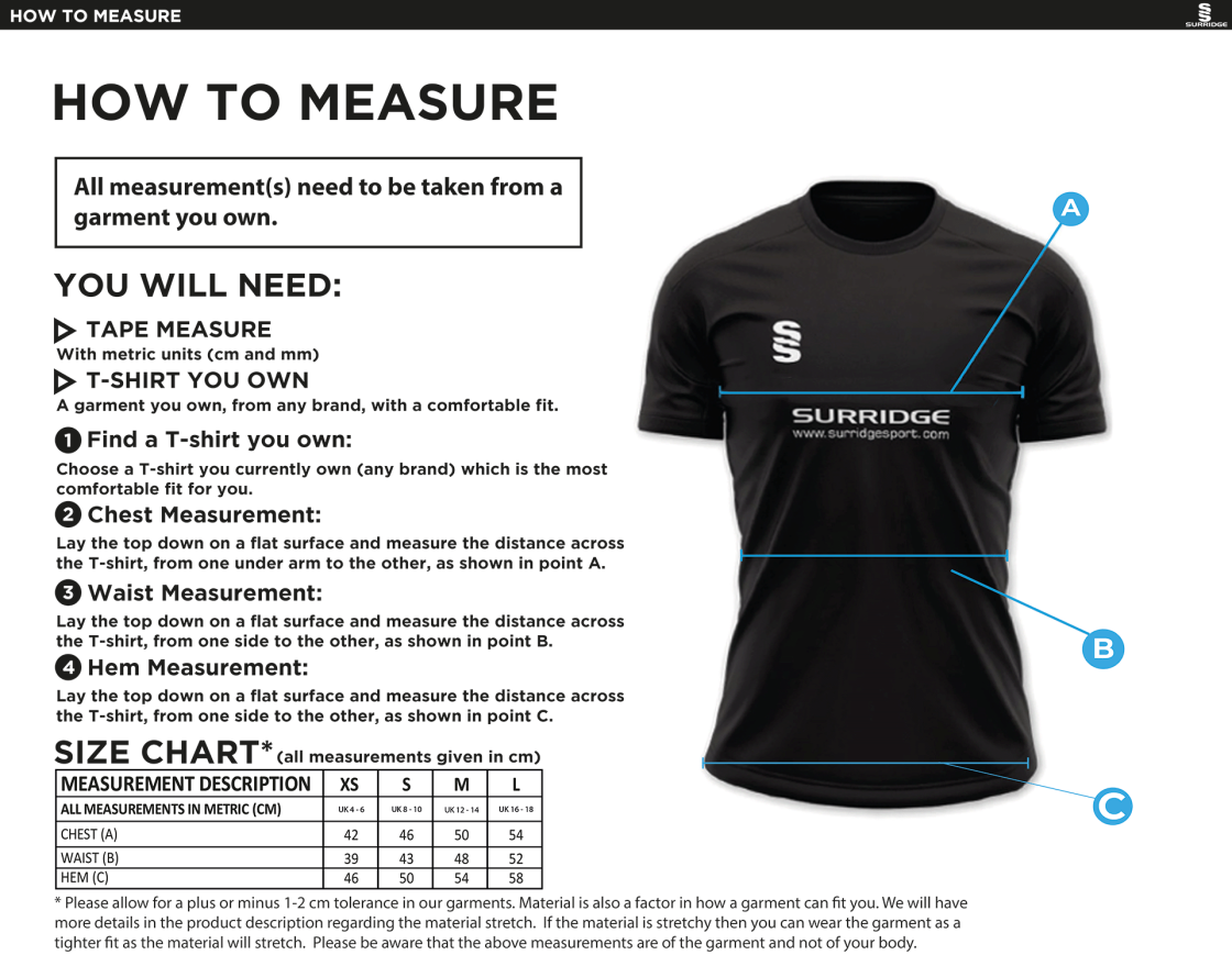 Chardstock Cricket Club Women's Dual Polo Shirt - Size Guide