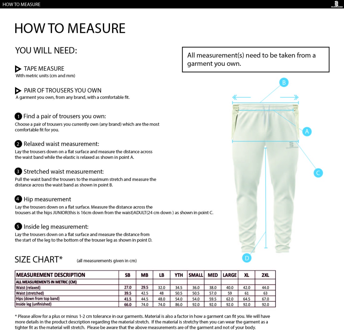 Chardstock Cricket Club Tek Playing Pant - Size Guide