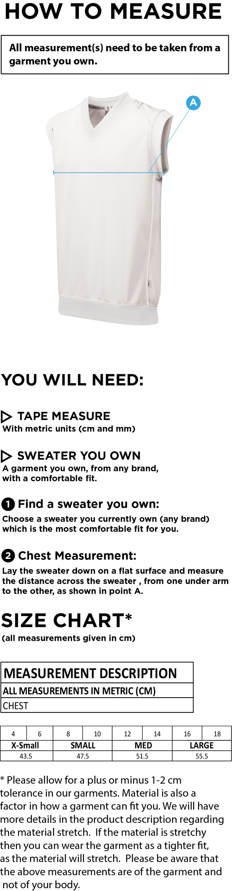 Chardstock Cricket Club Blast Sleeveless Women's Cricket Sweater - Size Guide