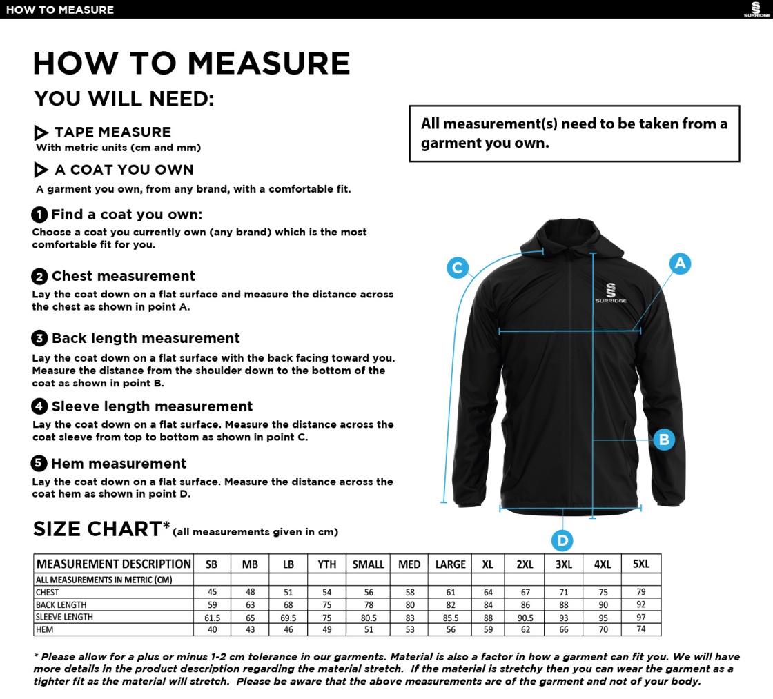 Chardstock Cricket Club Training Jacket Navy - Size Guide