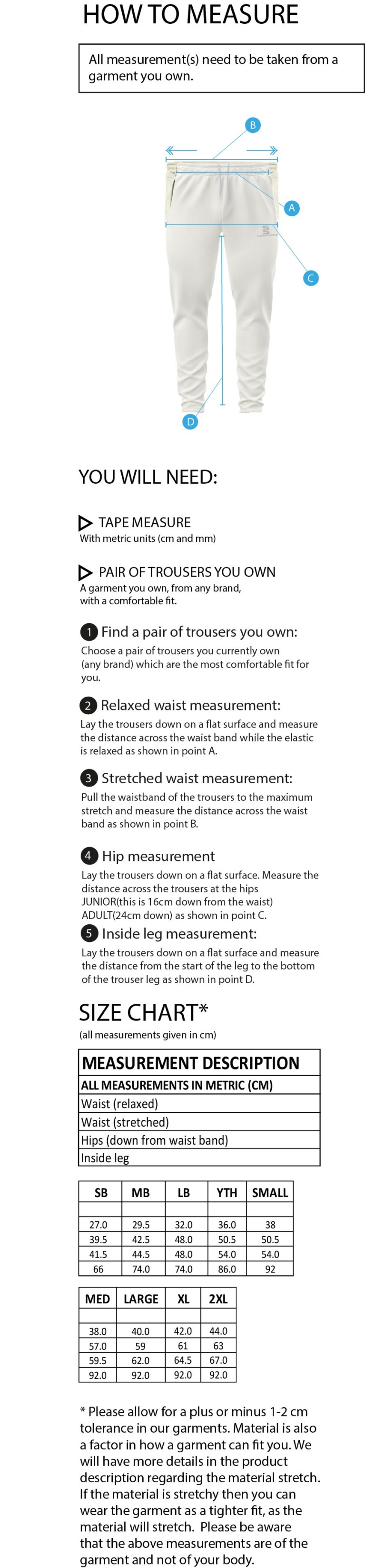 Chardstock Cricket Club Tek Playing Pant - Size Guide