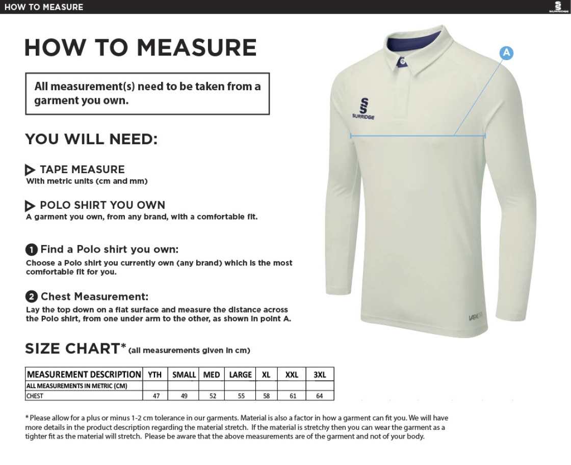 Chardstock Cricket Club Ergo Long Sleeve Navy Trim Shirt - Size Guide